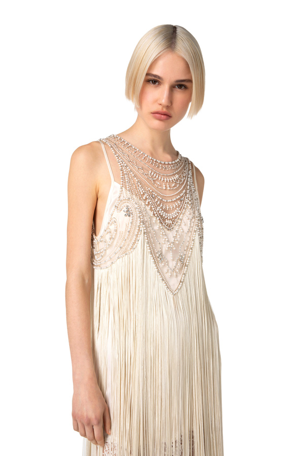 Tulle Red Carpet dress with fringes and beads - Elisabetta Franchi® Outlet