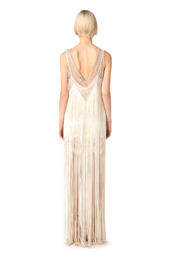 Tulle Red Carpet dress with fringes and beads - Elisabetta Franchi® Outlet