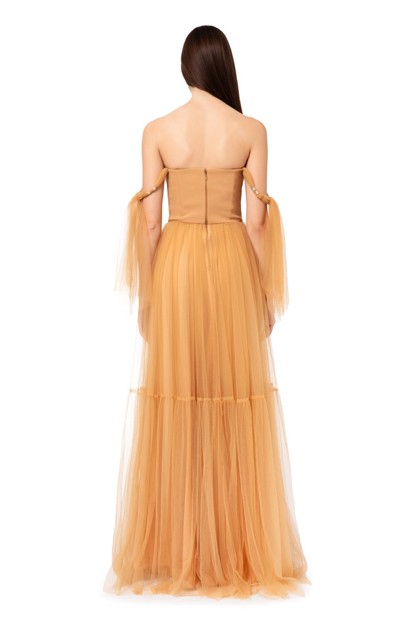 Red carpet tulle dress with flounces on sleeves - Elisabetta Franchi® Outlet