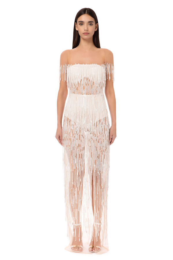 Red carpet dress in tulle with sequins and fringes - Elisabetta Franchi® Outlet