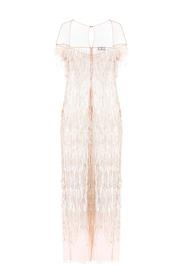 Red carpet dress in tulle with sequins and fringes - Elisabetta Franchi® Outlet