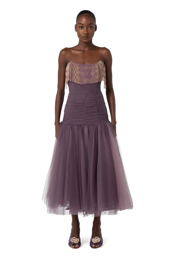 Tulle Red Carpet dress with fringes - Elisabetta Franchi® Outlet