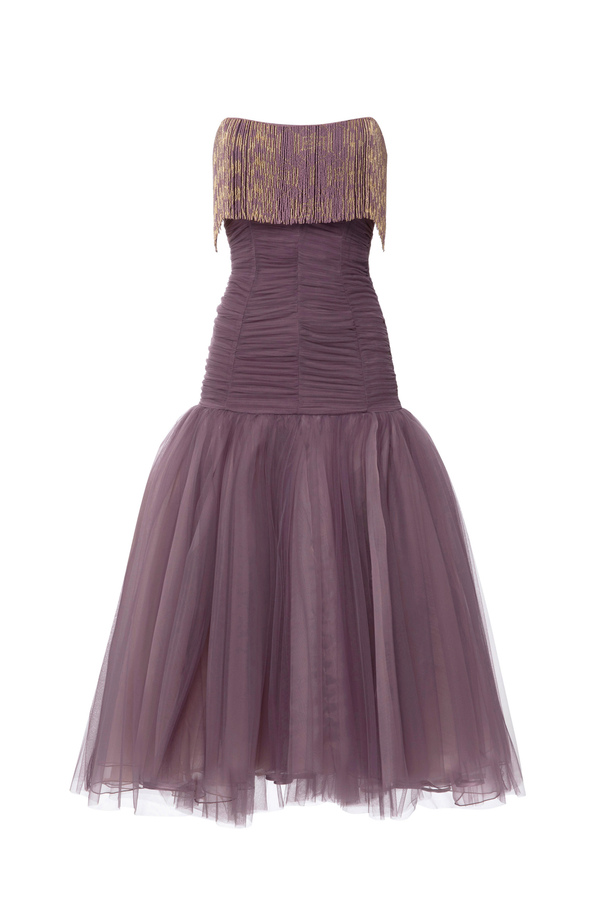 Tulle Red Carpet dress with fringes - Elisabetta Franchi® Outlet