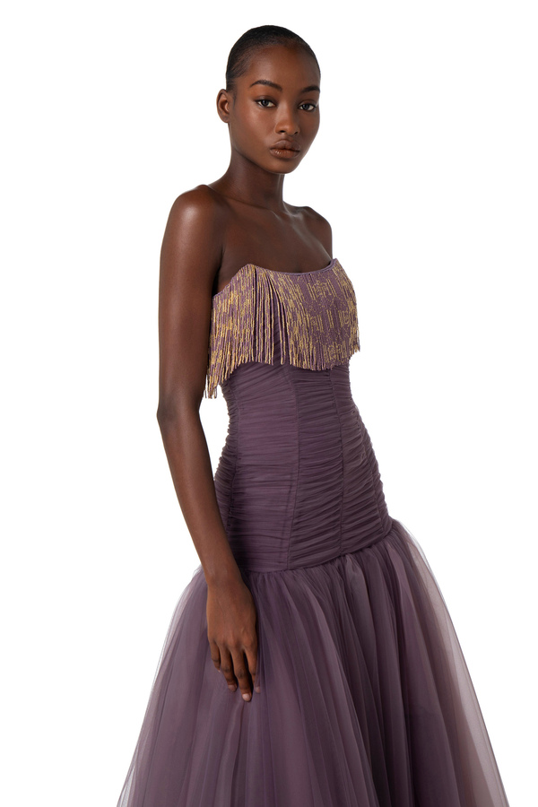 Tulle Red Carpet dress with fringes - Elisabetta Franchi® Outlet