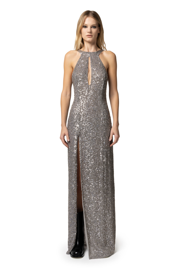 Red carpet dress in embroidered tulle fabric with halter neck - Elisabetta Franchi® Outlet