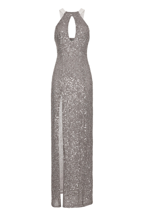 Red carpet dress in embroidered tulle fabric with halter neck - Elisabetta Franchi® Outlet