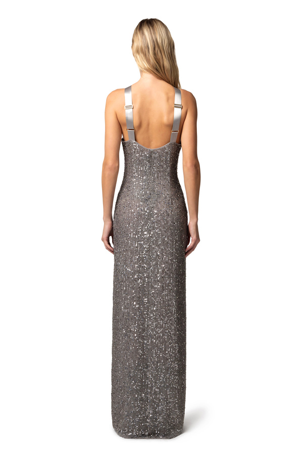 Red carpet dress in embroidered tulle fabric with halter neck - Elisabetta Franchi® Outlet