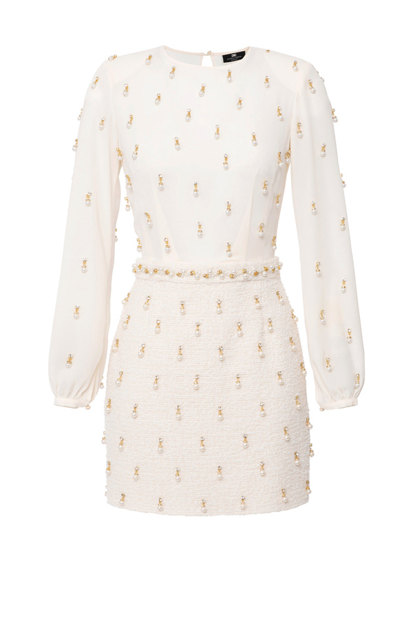 Mini-dress in embroidered georgette and tweed - Elisabetta Franchi® Outlet