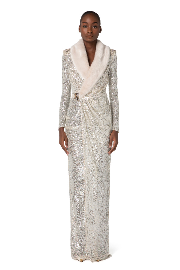 Robe Red Carpet en sequins avec col en fausse fourrure - Elisabetta Franchi® Outlet