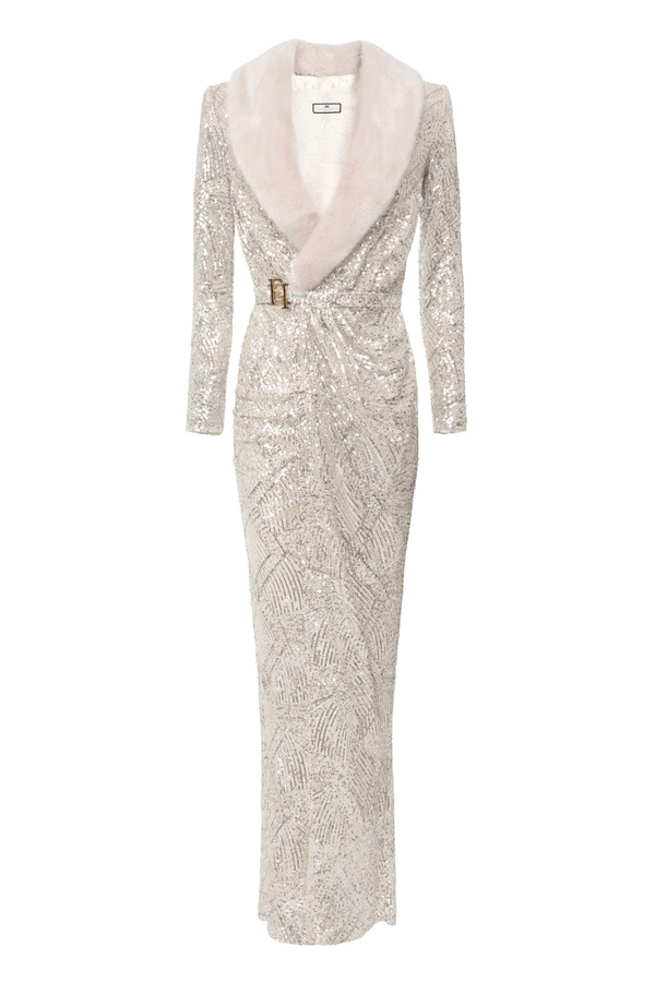 Robe Red Carpet en sequins avec col en fausse fourrure - Elisabetta Franchi® Outlet