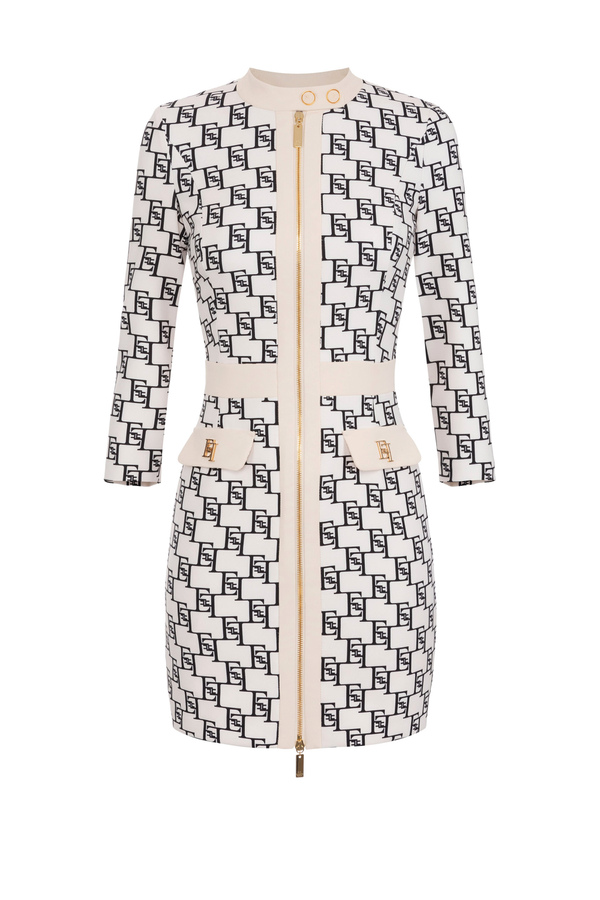 Stretch crêpe mini-dress with logo print - Elisabetta Franchi® Outlet