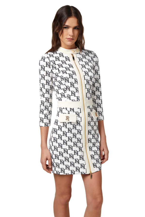 Stretch crêpe mini-dress with logo print - Elisabetta Franchi® Outlet