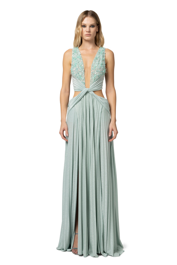 Pleated red carpet dress in lurex jersey with embroidery - Elisabetta Franchi® Outlet