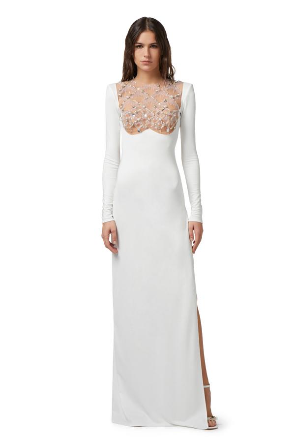 Red Carpet dress in jersey with embroidered bib - Elisabetta Franchi® Outlet
