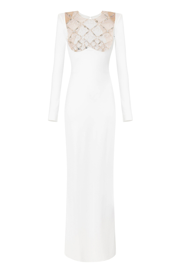 Red Carpet dress in jersey with embroidered bib - Elisabetta Franchi® Outlet