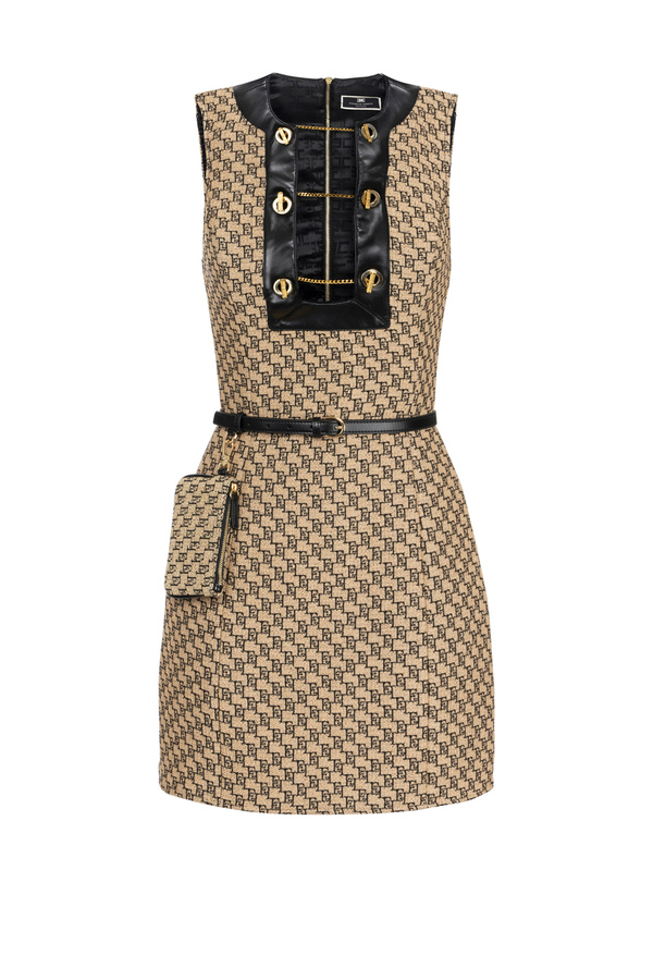 Jacquard raffia mini-dress with cufflink buttons - Elisabetta Franchi® Outlet