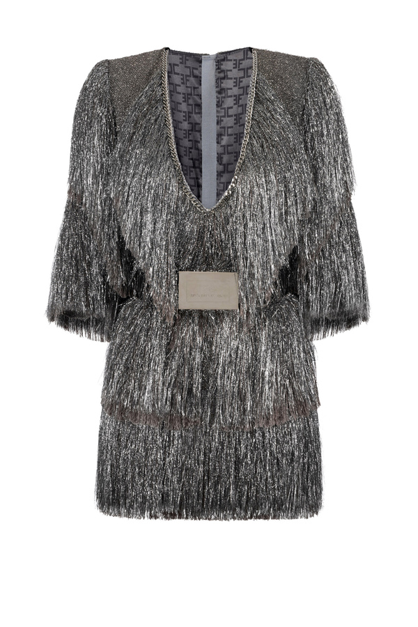 Minikleid aus Lurex-Tweed mit Fransen und Gürtel - Elisabetta Franchi® Outlet