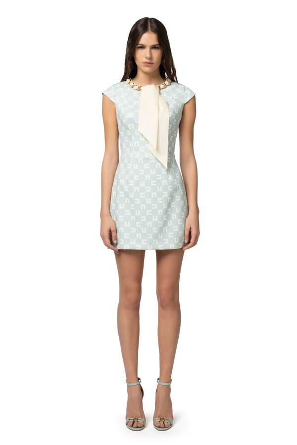Mini-dress in logo print stretch crêpe with foulard scarf at the neckline - Elisabetta Franchi® Outlet