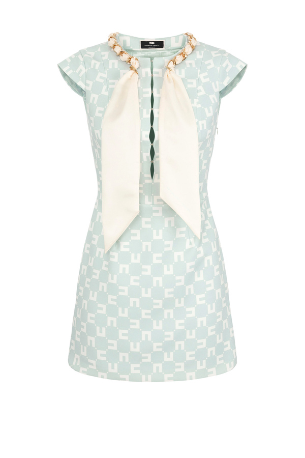 Mini-dress in logo print stretch crêpe with foulard scarf at the neckline - Elisabetta Franchi® Outlet
