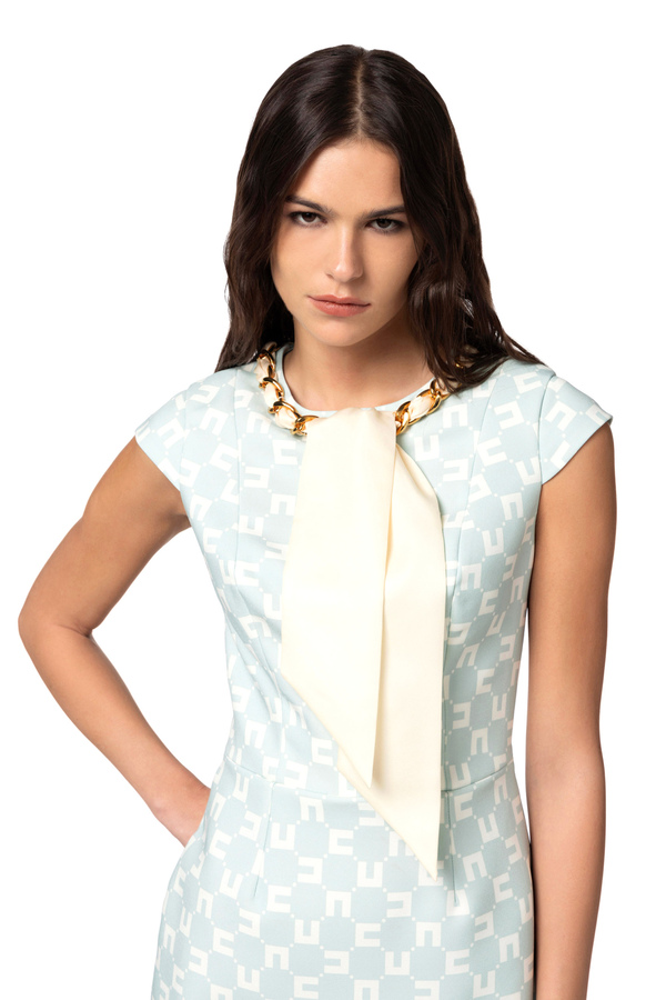 Mini-dress in logo print stretch crêpe with foulard scarf at the neckline - Elisabetta Franchi® Outlet
