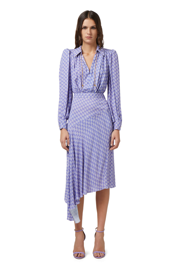 Asymmetric georgette shirt-dress with logo print - Elisabetta Franchi® Outlet