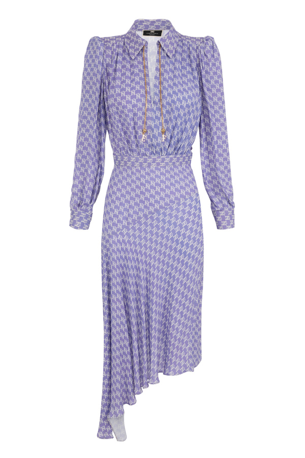 Asymmetric georgette shirt-dress with logo print - Elisabetta Franchi® Outlet