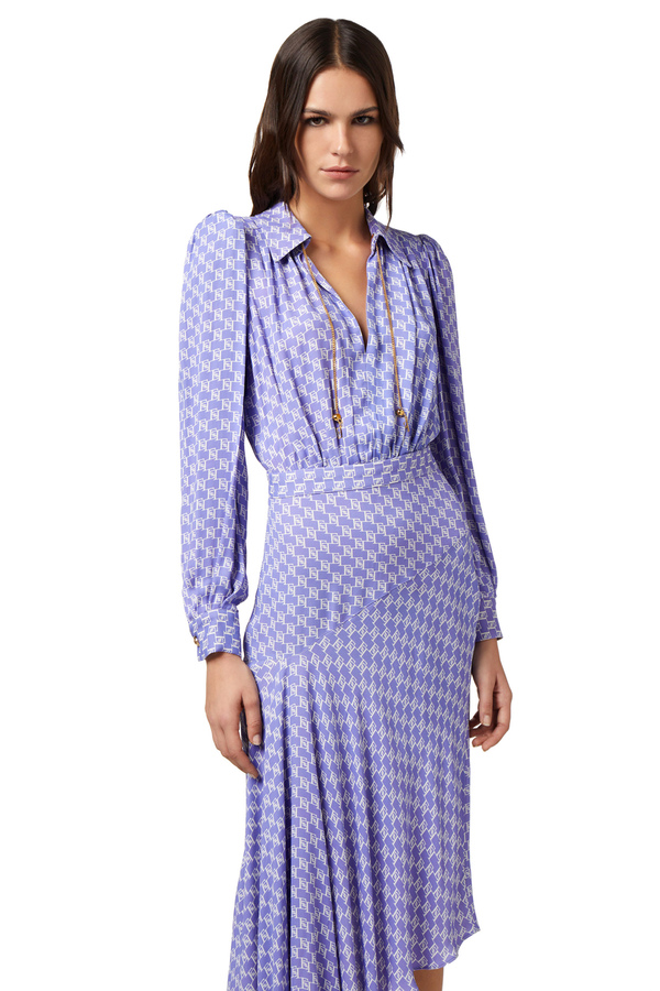 Asymmetric georgette shirt-dress with logo print - Elisabetta Franchi® Outlet