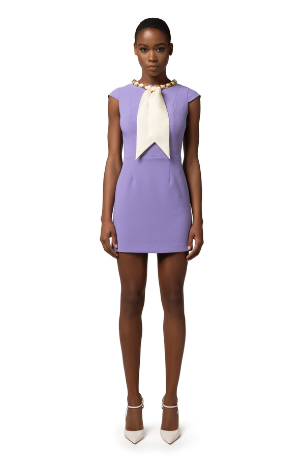 Mini-dress in stretch crêpe with foulard scarf at the neckline - Elisabetta Franchi® Outlet