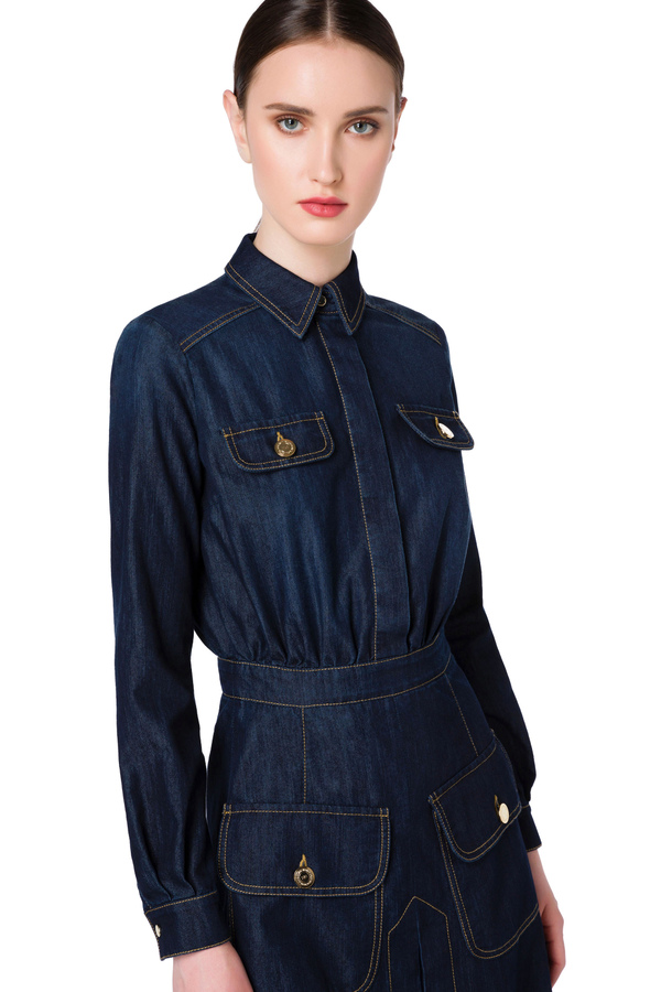 Denim shirt-dress with pockets - Elisabetta Franchi® Outlet
