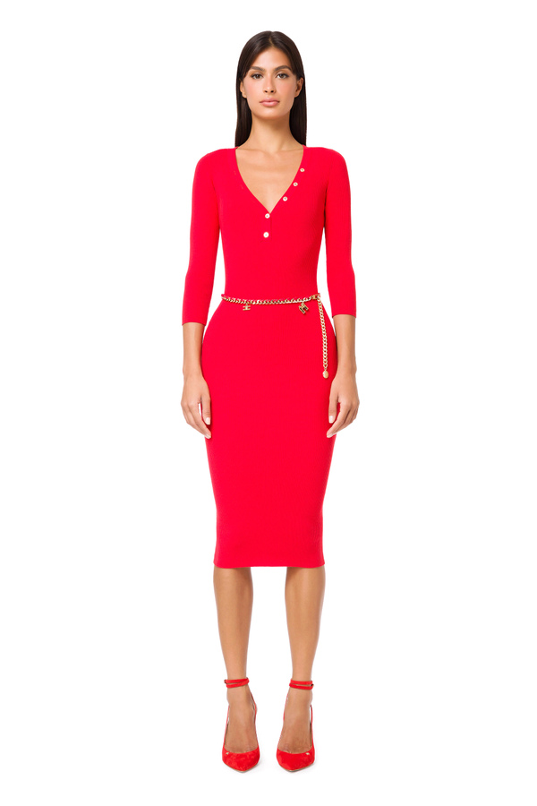 A knitted calf-length dress with safari charms belt - Elisabetta Franchi® Outlet