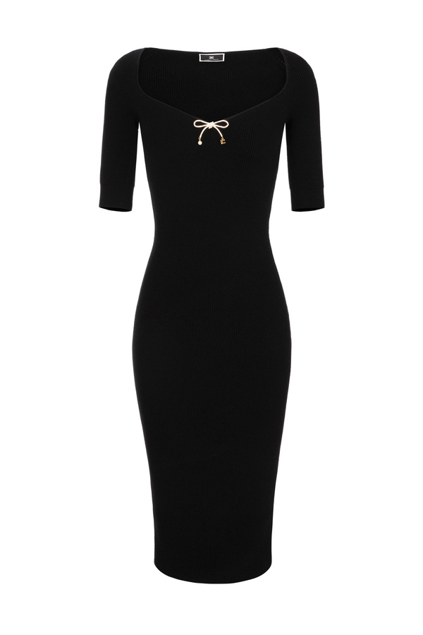 Wool midi dress with rhinestone bow - Elisabetta Franchi® Outlet