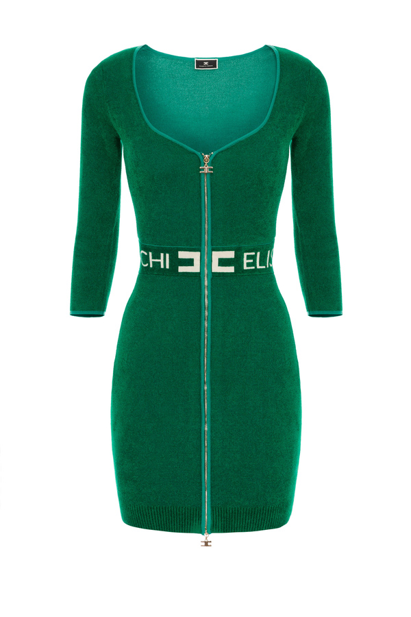 Chenille long sleeved sheath dress with logo - Elisabetta Franchi® Outlet