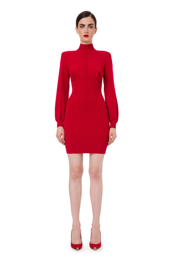 Fine rib mini dress with high collar and breast cups - Elisabetta Franchi® Outlet