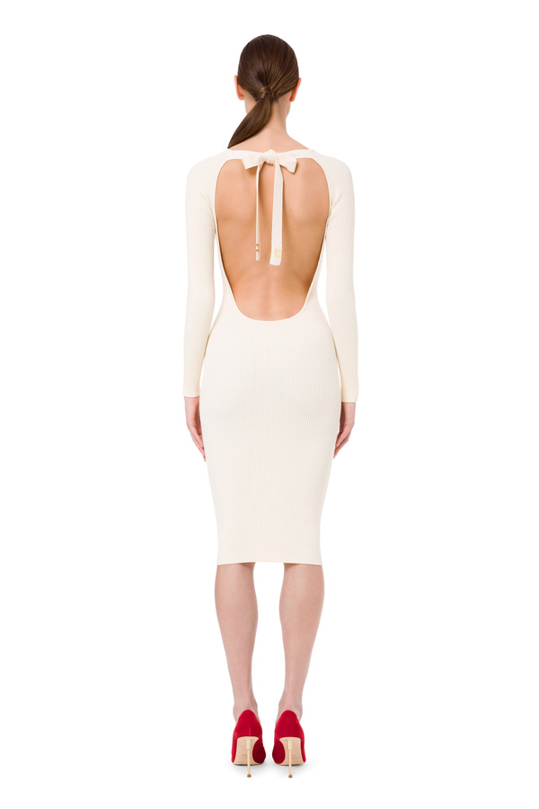 Calf-length dress in fine ribbed knit fabric with bow - Elisabetta Franchi® Outlet