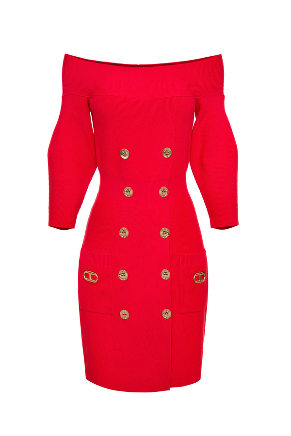 Off-the-shoulder robe manteau dress with round detail - Elisabetta Franchi® Outlet