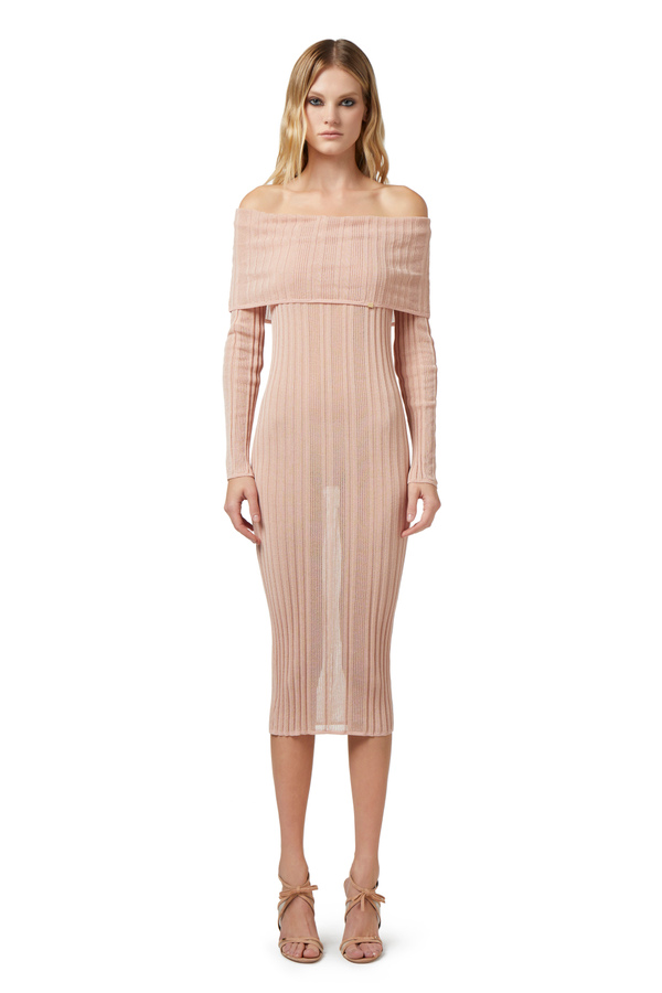 Robe midi en viscose côtelée avec maxi col - Elisabetta Franchi® Outlet
