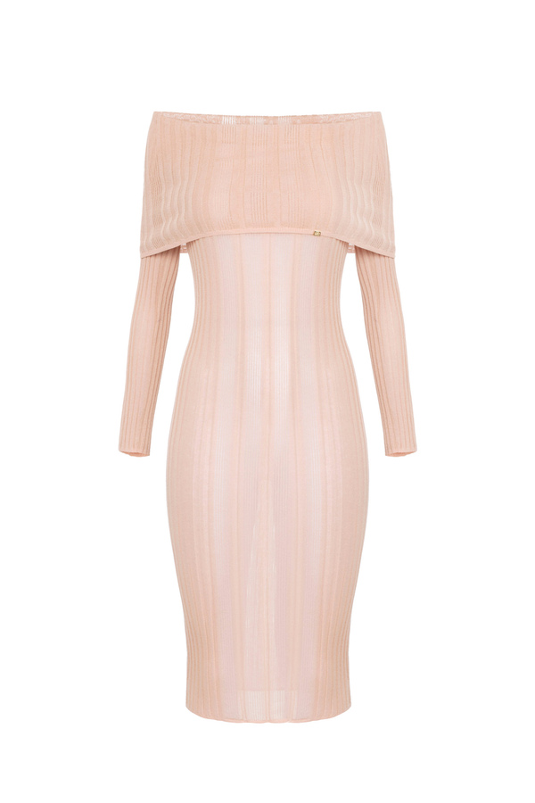 Robe midi en viscose côtelée avec maxi col - Elisabetta Franchi® Outlet