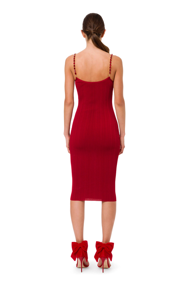 Knit midi dress with shoulder straps featuring stones - Elisabetta Franchi® Outlet