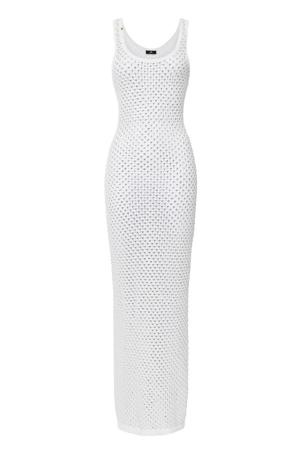 Long cotton dress in mesh stitch with rhinestones - Elisabetta Franchi® Outlet