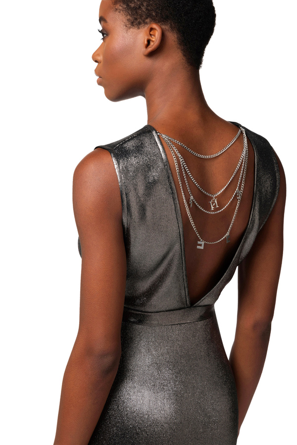 Red carpet dress in laminated viscose fabric with necklace - Elisabetta Franchi® Outlet