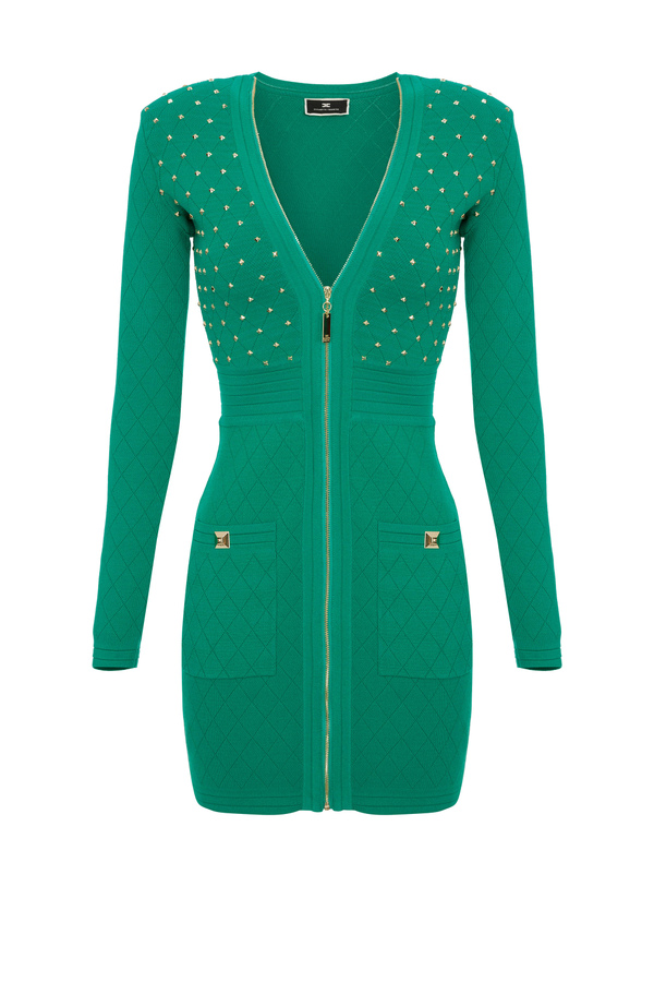 Knit mini dress with diamond pattern, zip and studs - Elisabetta Franchi® Outlet
