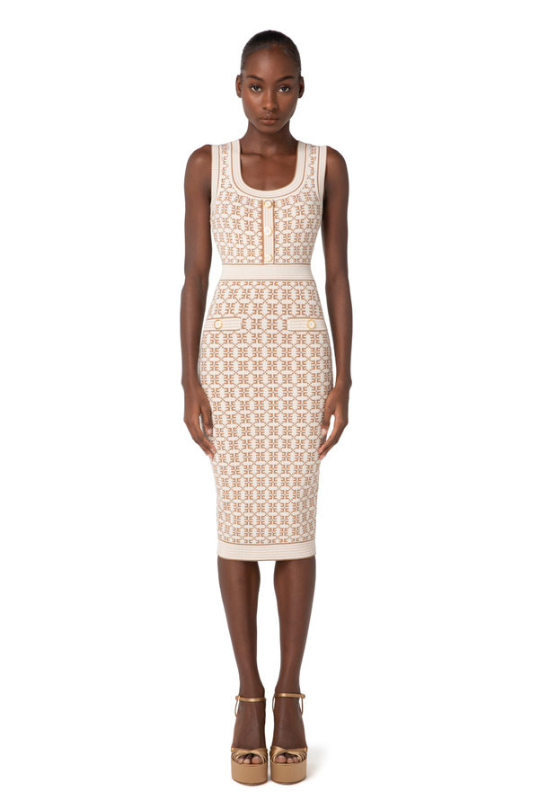 Calf-length knit dress in jacquard with logo - Elisabetta Franchi® Outlet