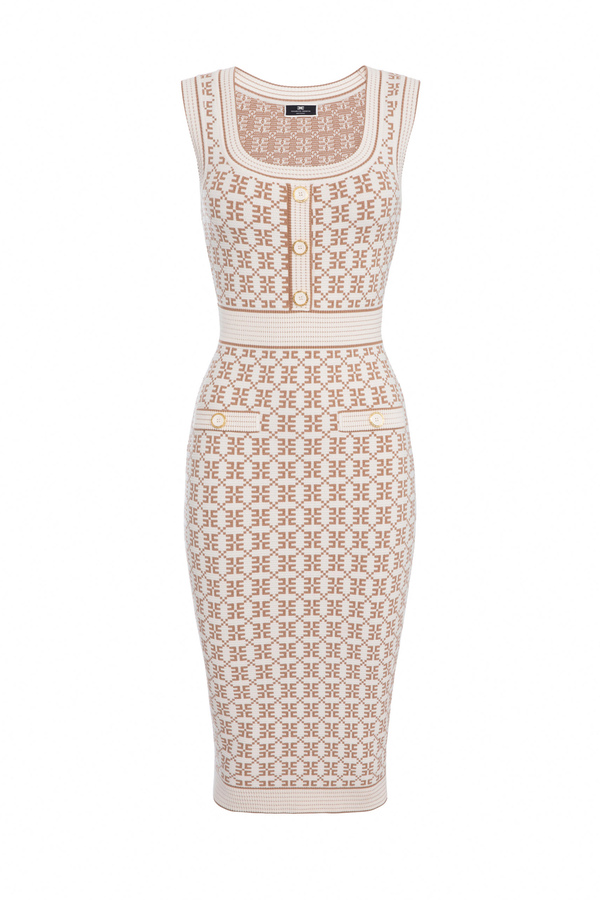 Calf-length knit dress in jacquard with logo - Elisabetta Franchi® Outlet