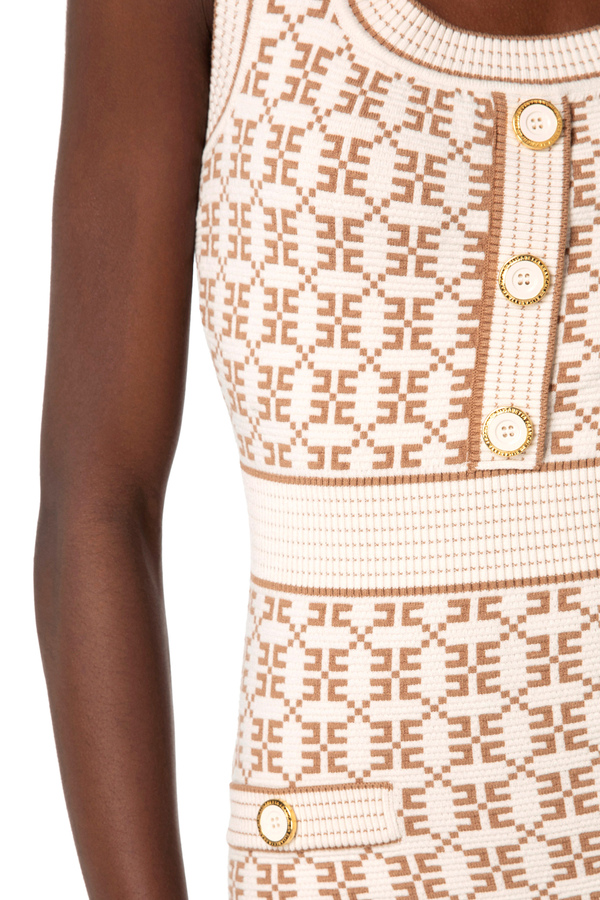 Calf-length knit dress in jacquard with logo - Elisabetta Franchi® Outlet