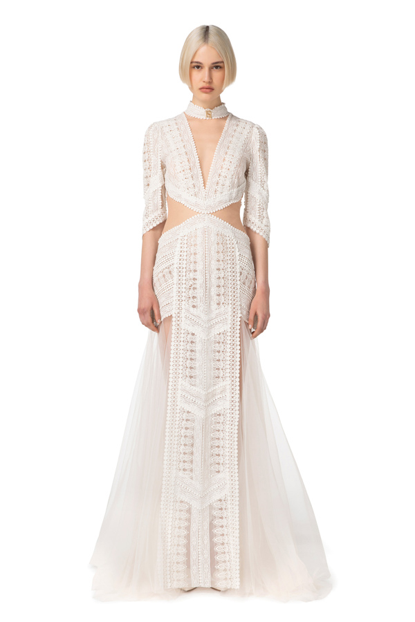 Red Carpet dress in lace and tulle fabric - Elisabetta Franchi® Outlet