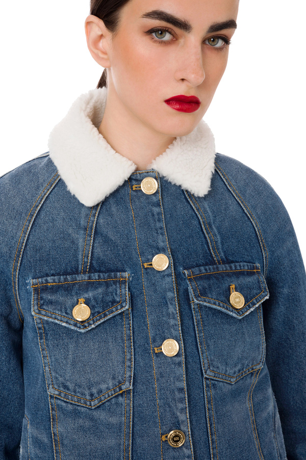 Short denim jacket with faux fur collar - Elisabetta Franchi® Outlet