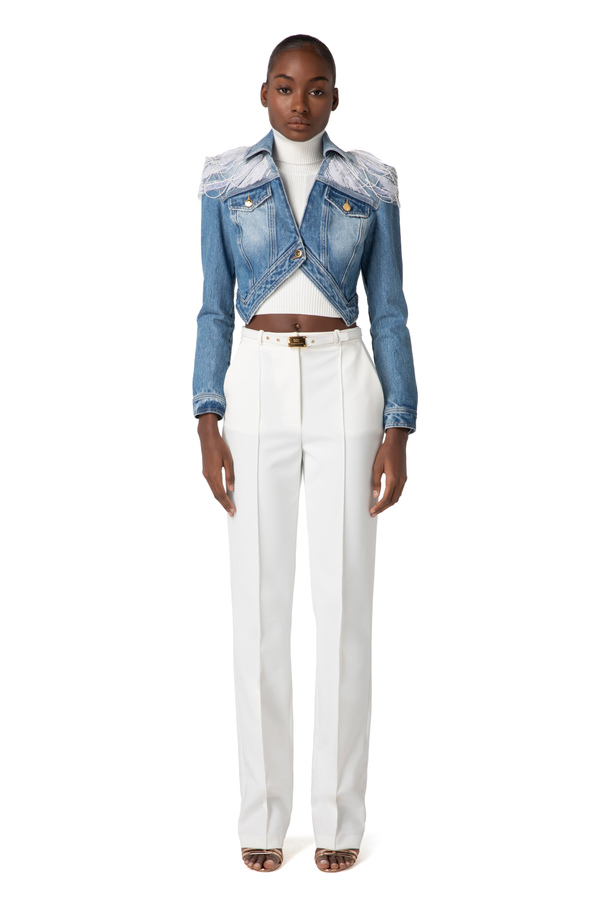 Veste en denim avec broderie - Elisabetta Franchi® Outlet