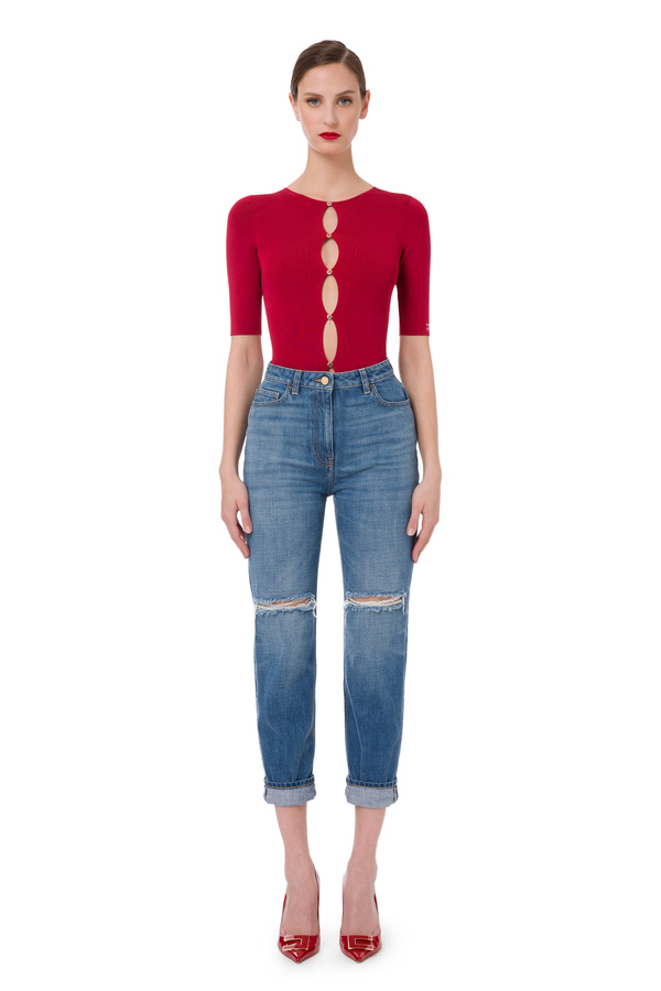 Crew neck bodysuit with openings - Elisabetta Franchi® Outlet