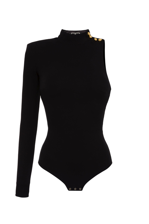 Bodysuit in jersey fabric with high collar and asymmetric cut - Elisabetta Franchi® Outlet