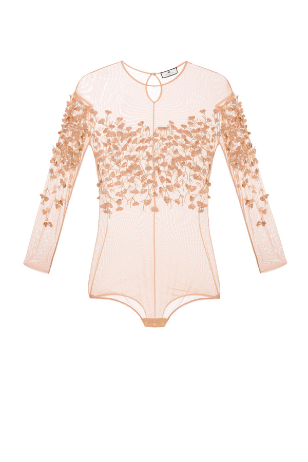 Bodysuit in tulle fabric with embroidery - Elisabetta Franchi® Outlet